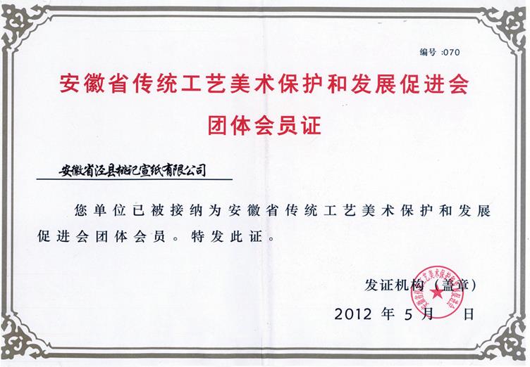安徽省傳統(tǒng)工藝美術(shù)保護和發(fā)展促進會團體會員證